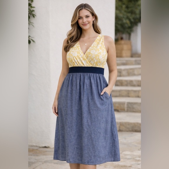 jonathan martin Dresses & Skirts - Plus Size 20W Yellow Floral Midi Dress Blue Skirt Empire Waist Sleeveless